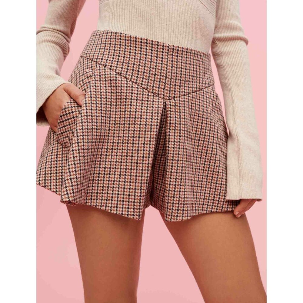 NWT Maje camel houndstooth flare cotton wool blend skirt style shorts, M